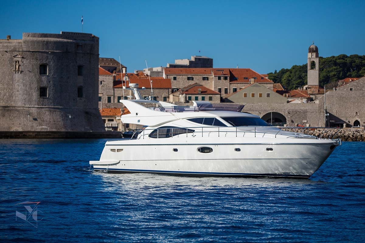 Ferretti 591 motor yacht in front of the Old Town of Dubrovnik Croatia