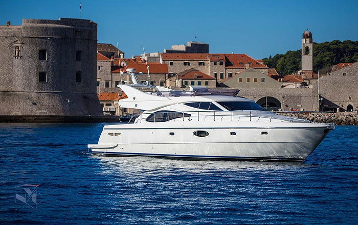 Ferretti 591 motor yacht in front of the Old Town of Dubrovnik Croatia